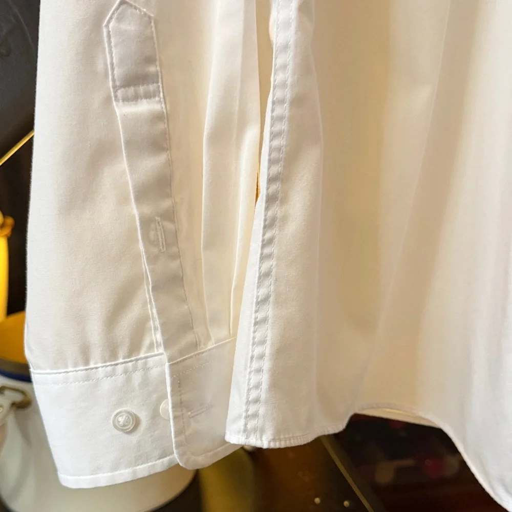 Women's Button-down Ruffle-Collar Blouse with Navy Trim - Picture 2 of 5